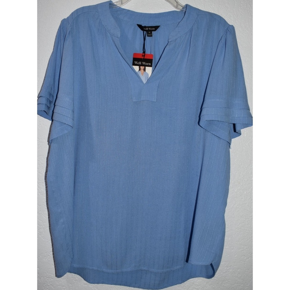 Well Worn Medium Top Split V-Neck Short Tiered Sleeve Flowy Blouse Light Blue